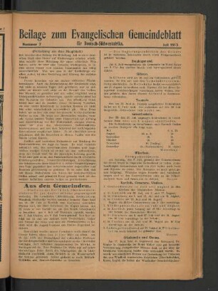 Beilage zum Evangelischen Gemeindeblatt für Deutsch-Südwestafrika. Nummer 7. Juli 1913