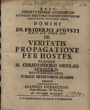 Dissertationem Academicam ... De Veritatis Propagatione Per Hostes