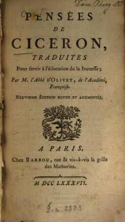 Pensées de Cicéron : traduites pour servir à l'éducation de la jeunesse