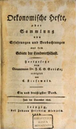 Oekonomische Hefte, oder Sammlung von Erfahrungen und Beobachtungen aus dem Gebiete der Landwirthschaft. 31, 31. 1808