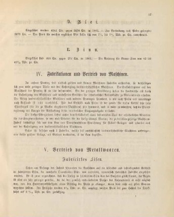 IV. Fabrikationen und Vertrieb von Maschinen.