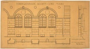 Billing, Hermann; Karlsruhe (Baden-Württemberg), Ritterstr.; Bebauung Ettlinger Tor, Städtische Feuerwache - Vorderfassade, Rechte Ecke (Grundriss; Ansicht; Schnitt)