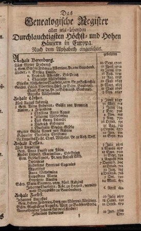 Das Genealogische Register aller jetzt-Lebenden Durchlauchtigsten Höchst- und Hohen Häusern in Europa.