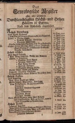 Das Genealogische Register aller jetzt-Lebenden Durchlauchtigsten Höchst- und Hohen Häusern in Europa.