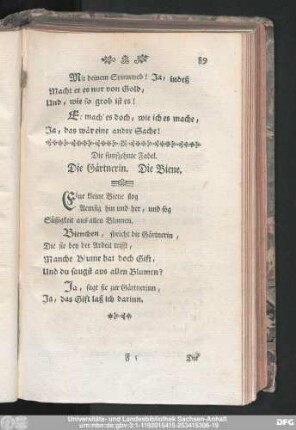 Die funfzehnte Fabel. Die Gärtnerin. Die Biene.