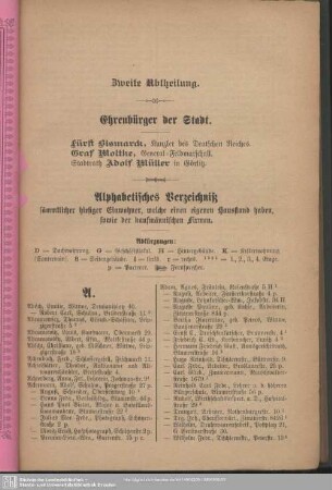 Zweite Abtheilung. Einwohnerverzeichnis : Zweite Abtheilung. Alphabetisches Verzeichniß sämmtlicher hiesiger Einwohner, welche einen eigenen Hausstand haben, sowie der kaufmännischen Firmen