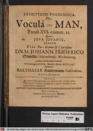 Exercitatio Philologica, De Vocula ([...]) Man, Exod. XVI. comm. 15.