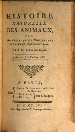 Histoire Naturelle Des Animaux, Tome Troisieme. Regne Animal