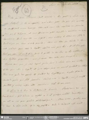 Eigenh. Brief von Auguste Louis de Staël-Holstein an August Wilhelm von Schlegel, Paris, 30.09.1822