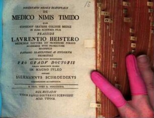 Dissertatio Medica Inavgvralis De Medico Nimis Timido