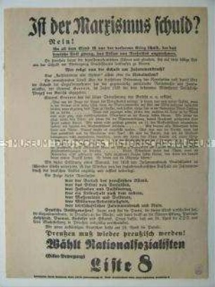 Wahlflugblatt der NSDAP zu den Preußischen Landtagswahlen mit scharfen Angriffen auf Ergebnisse der Novemberrevolution