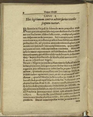 Caput I. Hoc legitimum contra adversarios textus scopum tuetur.