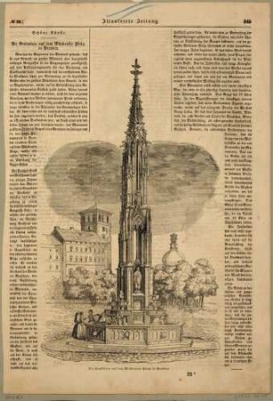 Der Cholerabrunnen von Gottfried Semper auf dem Postplatz in Dresden von Südosten, im Hintergrund das Turmhaus (Palasthotel Weber) und die Kuppel des Kronentores des Zwingers, Zeitungsartikel zur Brunnenenthüllung 1846