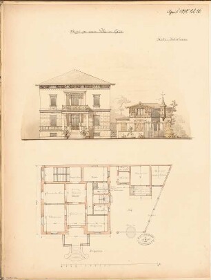 Villa, Gera Monatskonkurrenz April 1878: Grundriss Erdgeschoss, Aufriss Gartenansicht; Maßstabsleiste