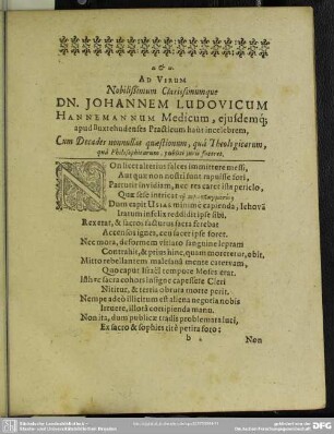 Ad Virum Nobilißimum Clarissimumque Dn. Johannem Ludovicum Hannemannum Medicum ...
