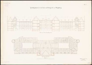 Land- und Amtsgericht, Magdeburg: Grundriss Sparrenlage, Querschnitt 1:150