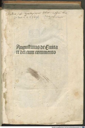 De civitate dei : mit Kommentar von Thomas Waleys und Nicolaus Trivet. Mit Gedicht ‘Mirifico poteris textos sermone libellos ... ‘(Walther, Initia 11086). Holzschnitt vom Meister des Haintz Narr