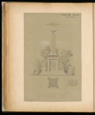Gefallenendenkmal bei Vionville Monatskonkurrenz August 1871: Grundriss, Aufriss Vorderansicht; Maßstabsleiste, Erläuterungstext