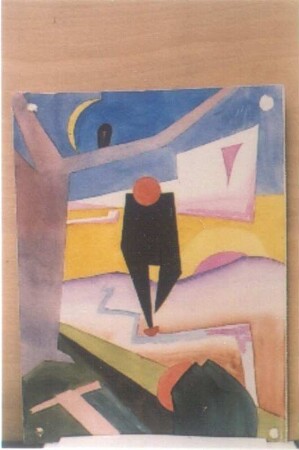 Mann mit Eule und Mond. Bleistift, Pinsel, Tusche, Aquarellfarben; 35,7 x 27 cm (1928; H. Rose)