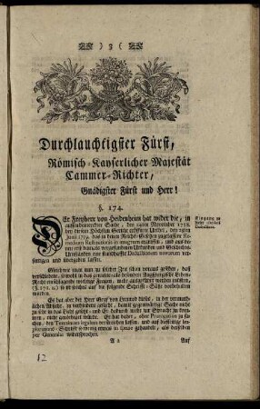 Durchlauchtigster Fürst, Römisch- Kayserlicher Majestät Cammer- Richter, Gnädigster Fürst und Herr!