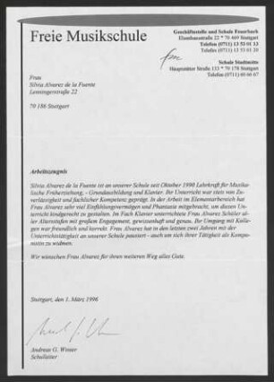 Blauer Ordner "Lebenslauf, Werkverzeichnis ()" : Arbeitszeugnis der freien Musikschule Feuerbach von Silvia Alvarez de la Fuente