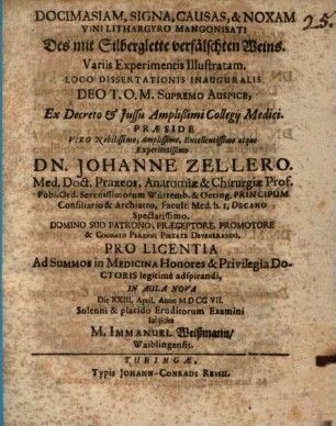 Docimasia, signa, causae et noxam vini, lithargyro mangonisati, des mit Silberglette verfälschten Weins, variis experimentis illustratam