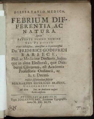 Dissertatio Medica, De Febrium Differentia Ac Natura