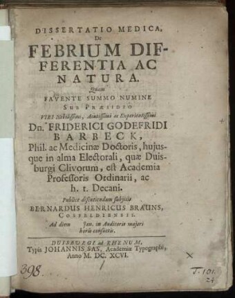 Dissertatio Medica, De Febrium Differentia Ac Natura