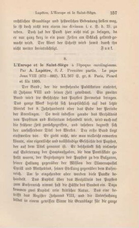157-158 [Rezension] Lapôtre, Arthur, L' Europe et le Saint-Siège à l'époque carolingienne