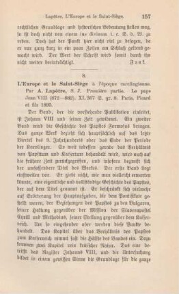 157-158 [Rezension] Lapôtre, Arthur, L' Europe et le Saint-Siège à l'époque carolingienne