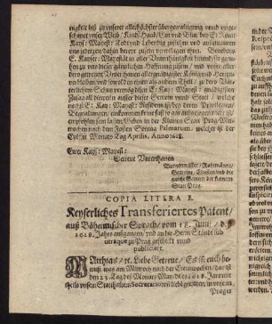 G4v-H2r, Copia Litera E. Keyserliches Transferiertes Patent auß Böheimischer Sprach vom 18. Juni des 1618. Jahrs...