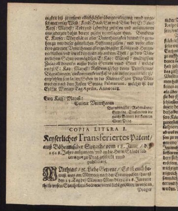 G4v-H2r, Copia Litera E. Keyserliches Transferiertes Patent auß Böheimischer Sprach vom 18. Juni des 1618. Jahrs...