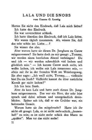 Lala und die Snobs. Von Hanns G. Lustig