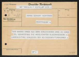 Brief von Landesleitung Schlesien Reichsschrittumskammer an Gerhart Hauptmann