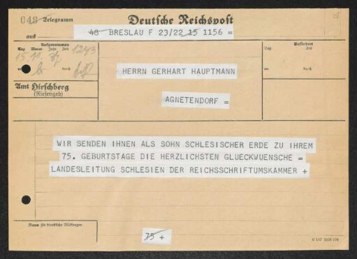 Brief von Landesleitung Schlesien Reichsschrittumskammer an Gerhart Hauptmann