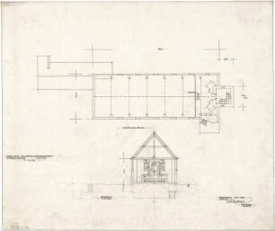 Gsaenger, Gustav; München - Obermenzing, Grünspechtstr. 13; Ev. Notkirche, Bethlehems Kirche, Pfarrhaus - Entwurf, Emporengeschoss (Grundriss, Querschnitt)