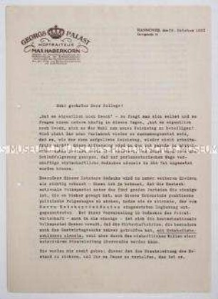 Offener Brief eines Kaffeehaus-Besitzers an seine Kollegen mit Wahlpropaganda für die DNVP zur Reichstagswahl im November 1932