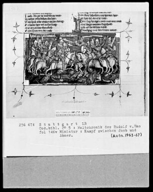 Weltchronik des Rudolf von Ems — Kampf zwischen David und Abner bei Gibeon, Folio 146verso