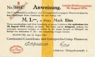 Notgeldschein: Continental, 1 Mark