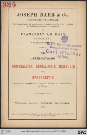Nr. 384: Lagerkatalog / Josef Baer & Co., Frankfurt a.M.: Numismatik, Genealogie, Heraldik und Sphragistik : meist aus d. Bibliothek des † Herrn H. Freiherr von Saurma-Jeltsch in Breslau