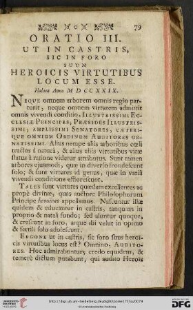 Oratio III: Ut in Castris, sic in Foro suum heroicis virtutibus locum esse