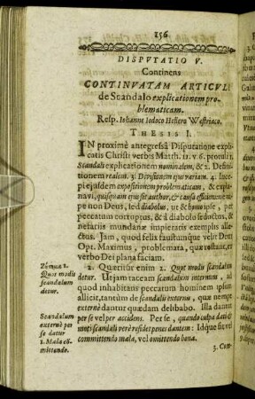 Disputatio V. Continens Continuatam Articuli de Scandalo explicationem problematicam.