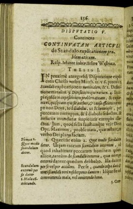 Disputatio V. Continens Continuatam Articuli de Scandalo explicationem problematicam.