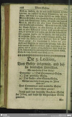 Die 3. Lection, Vom Gesetze insgemein, und dessen dreyfachen Unterschied