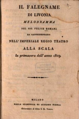 Il falegname di Livonia : Melodramma