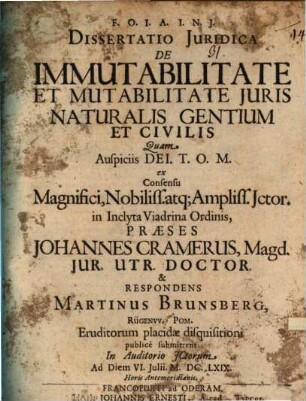 Dissertatio Iuridica De Immutabilitate Et Mutabilitate Iuris Naturalis Gentium Et Civilis