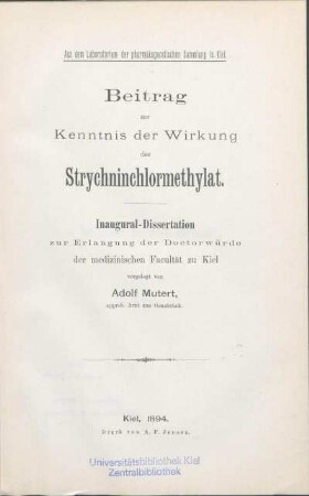 Beitrag zur Kenntnis der Wirkung des Strychninchlormethylat