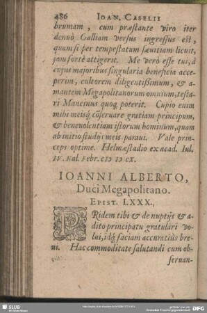 Joanni Alberto, Duci Megapolitano. Epist. LXXX.