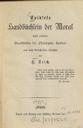 Handbüchlein der Moral : nebst anderen Bruchstücken der Philosophie Epiktets