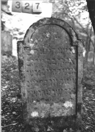 Grabstein 327 (Index: 99799771) Material: Sandstein Zustand: stark verwittert Maße HxBxT: 107x58x10 cm Beschreibung: Stele, eingezogener Rundbogenabschluß, Schriftfeld eingetieft: Grabstein 327